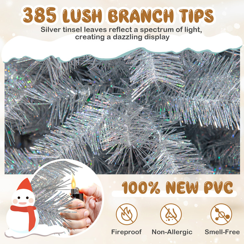PreLit Artificial Christmas Tree With Warm LED Lights Silver Tinsel Xmas Tree For Home Party Holid 3
