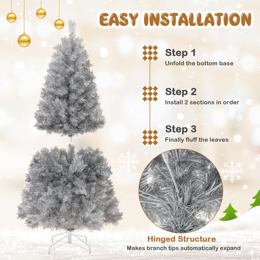 PreLit Artificial Christmas Tree With Warm LED Lights Silver Tinsel Xmas Tree For Home Party Holid 4