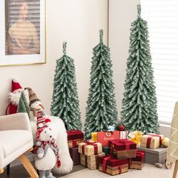artificial christmas tree set with realistic snow, pre-lit pencil trees with warm led lights & metal base for indoor