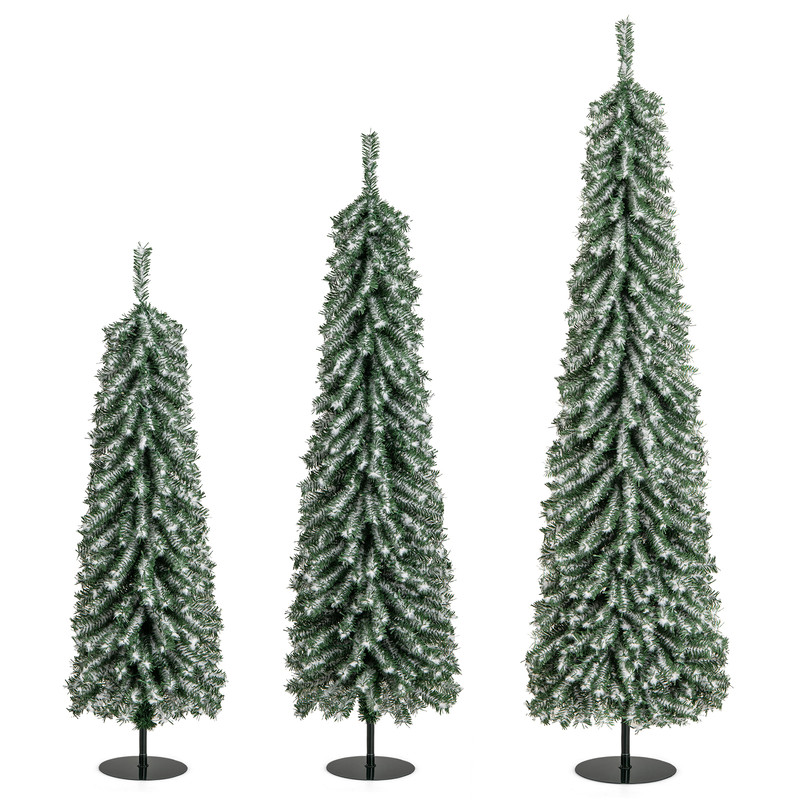 Artificial Christmas Tree Set With Realistic Snow PreLit Pencil Trees With Warm LED Lights Metal B 5