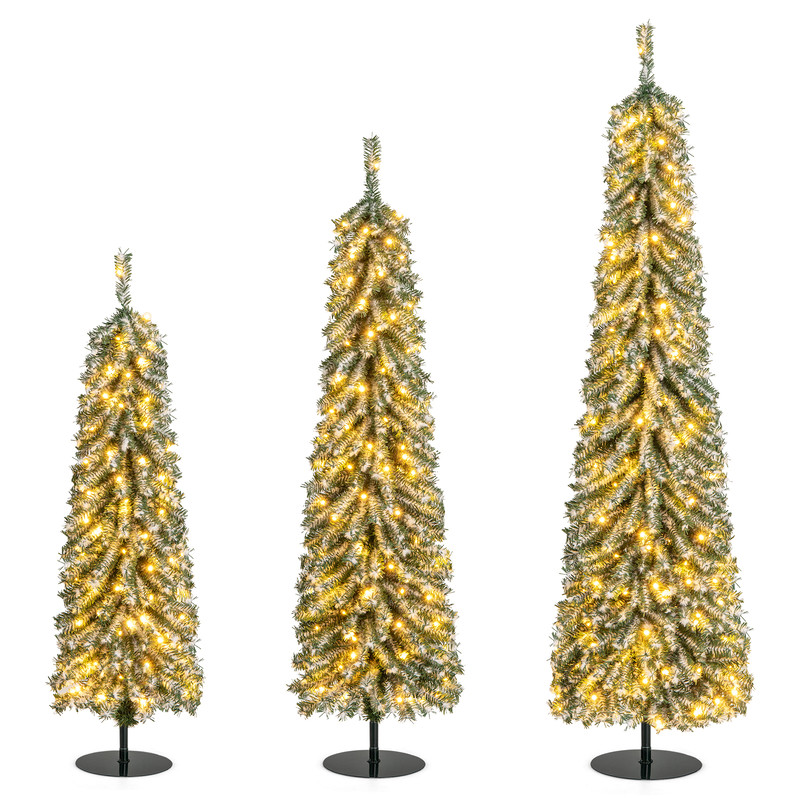 Artificial Christmas Tree Set With Realistic Snow PreLit Pencil Trees With Warm LED Lights Metal B 6