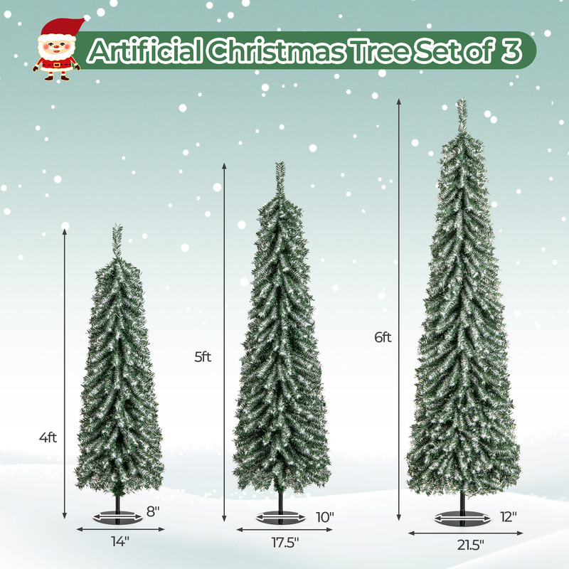 Artificial Christmas Tree Set With Realistic Snow PreLit Pencil Trees With Warm LED Lights Metal B 7