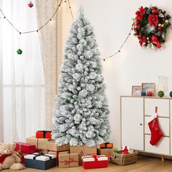 premium flocked christmas tree with pine needles and built-in led light, easy setup holiday tree with lush full branches