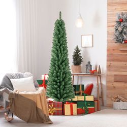 slim pencil christmas tree with memory wire branch tips & warm lights, space-saving, pre-lit, realistic tree for home