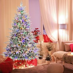 7ft flocked christmas tree with 8 lighting modes, multi-color led lights, snow-flocked branches & metal stand