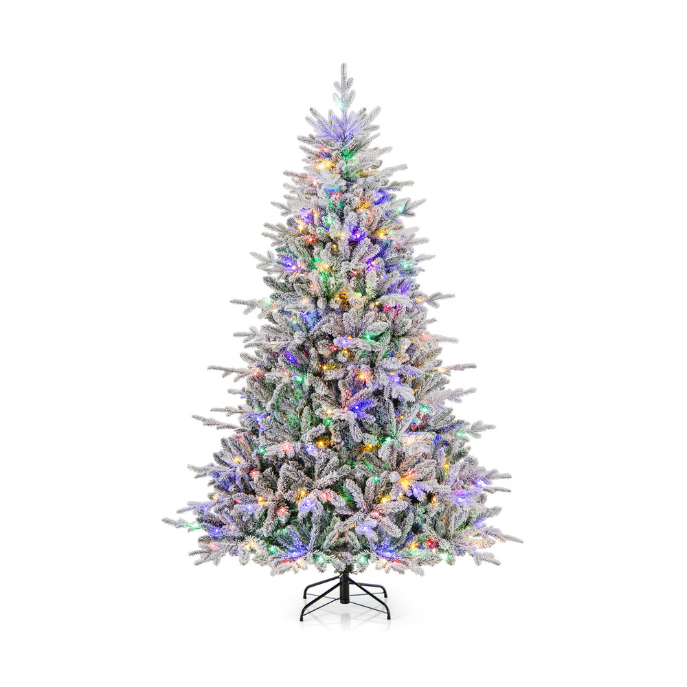 7Ft Flocked Christmas Tree with 8 Lighting Modes, Multi-Color LED Lights, Snow-Flocked Branches & Metal Stand