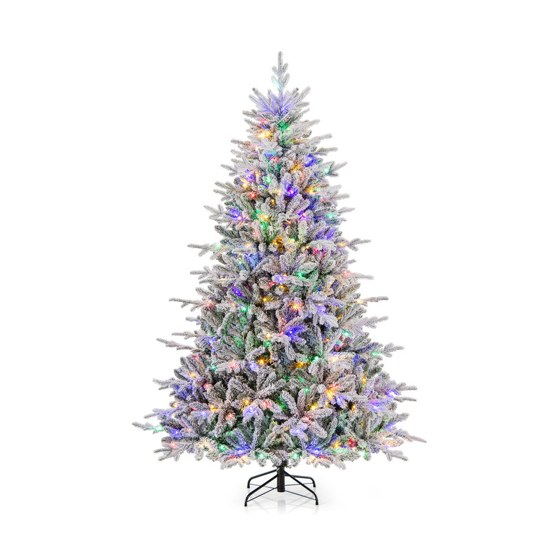 7Ft Flocked Christmas Tree with 8 Lighting Modes, Multi-Color LED Lights, Snow-Flocked Branches & Metal Stand
