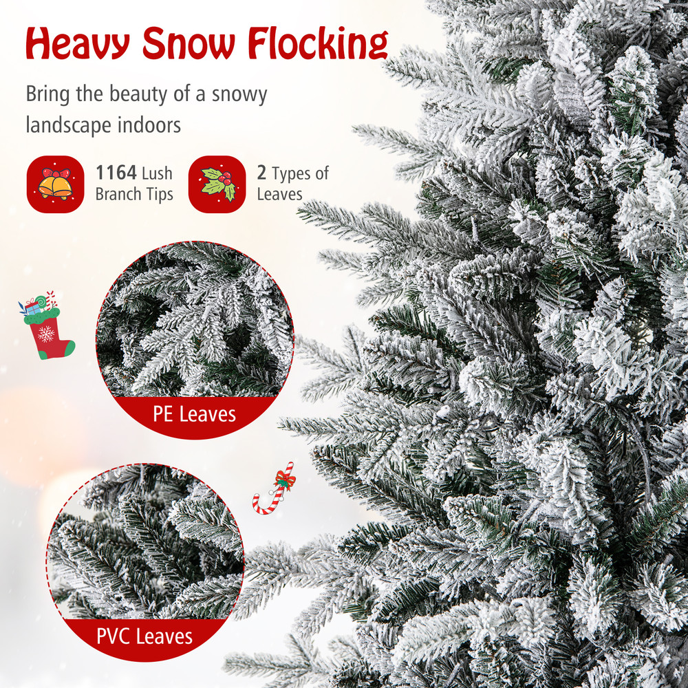 7Ft Flocked Christmas Tree with 8 Lighting Modes, Multi-Color LED Lights, Snow-Flocked Branches & Metal Stand