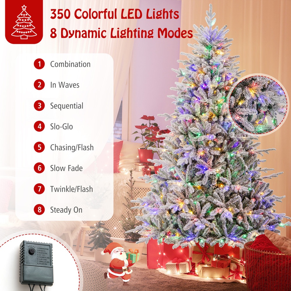 7Ft Flocked Christmas Tree with 8 Lighting Modes, Multi-Color LED Lights, Snow-Flocked Branches & Metal Stand