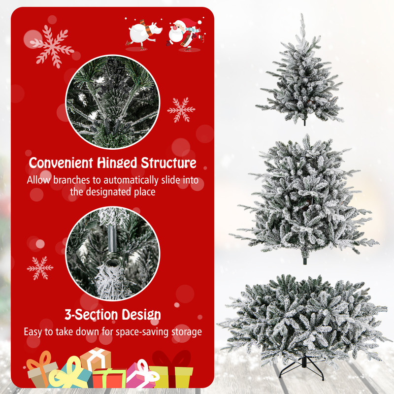 7Ft Flocked Christmas Tree with 8 Lighting Modes, Multi-Color LED Lights, Snow-Flocked Branches & Metal Stand
