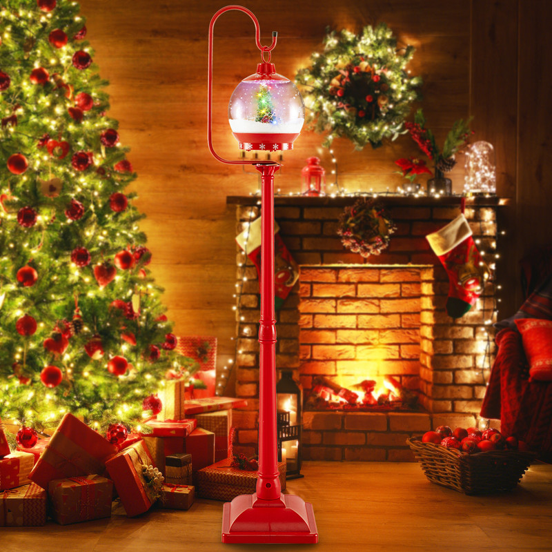 68 Inch Festive Musical Christmas Street Lamp Post with Snow Globe Lantern, Sound-Activated Holiday Decoration
