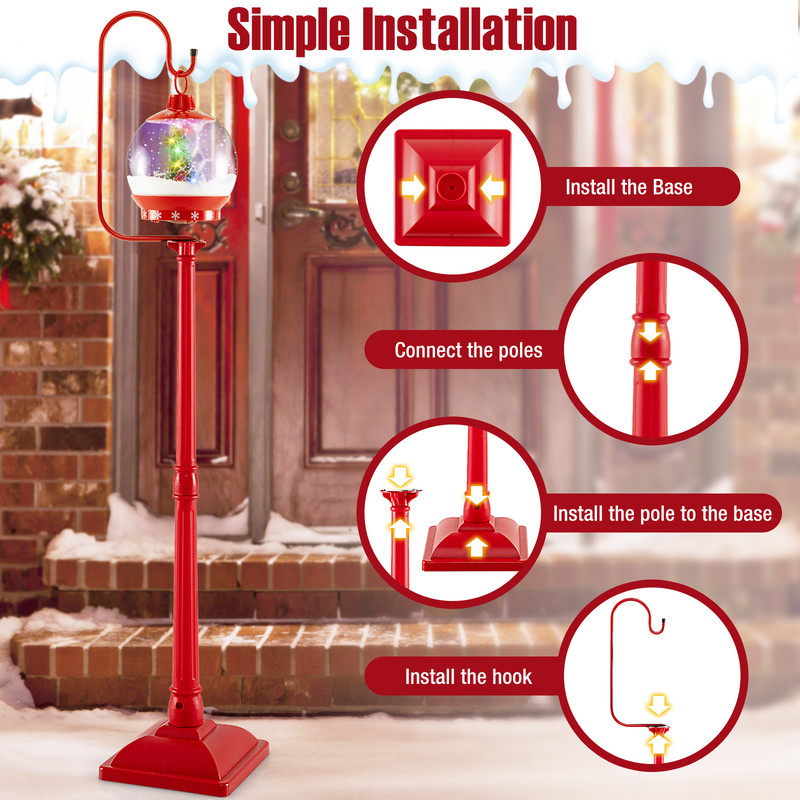 68 Inch Festive Musical Christmas Street Lamp Post with Snow Globe Lantern, Sound-Activated Holiday Decoration