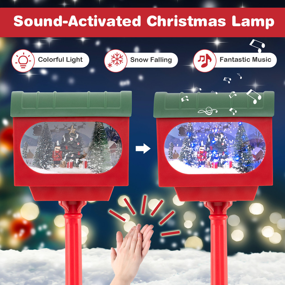 59 Inch Christmas Street Lamp with Sound-Activated Snow Globe Lantern, Musical Holiday Decor with Snowfall Effect, Light