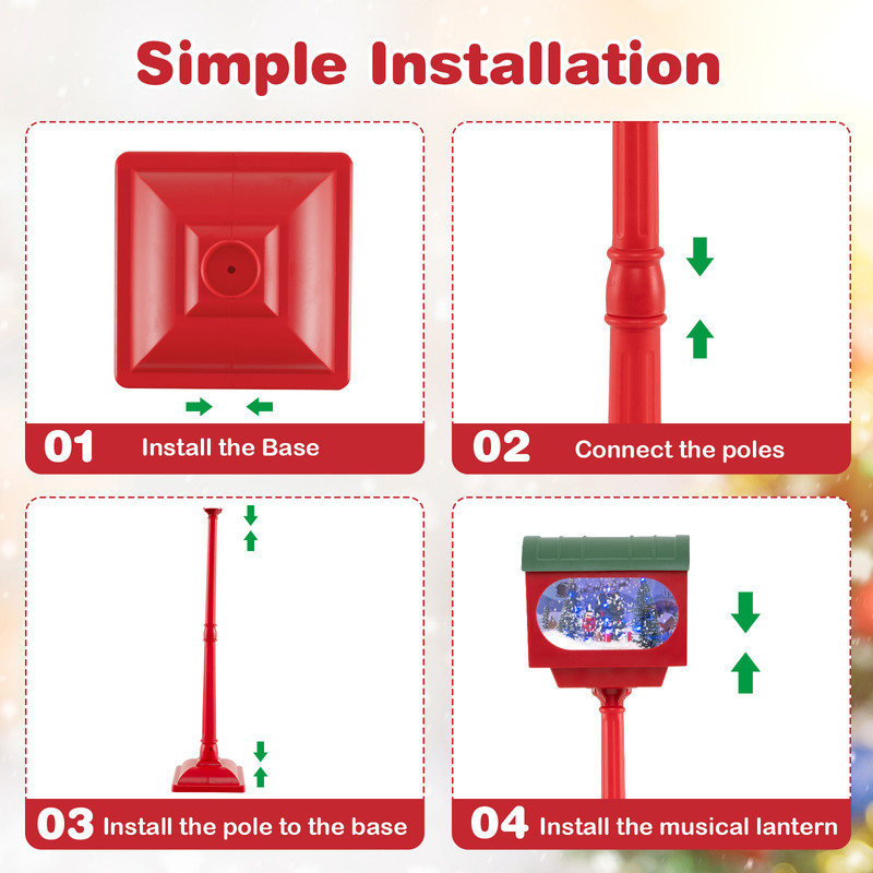 59 Inch Christmas Street Lamp with Sound-Activated Snow Globe Lantern, Musical Holiday Decor with Snowfall Effect, Light