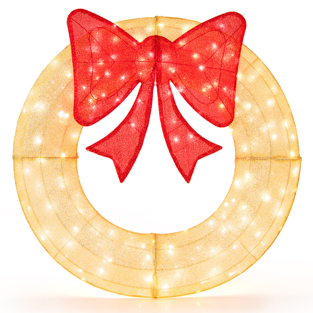 48 Inch Pre-Lit Christmas Wreath with Large Bow & 200 LED Lights, Outdoor Lighted Mesh Holiday Door Decoration