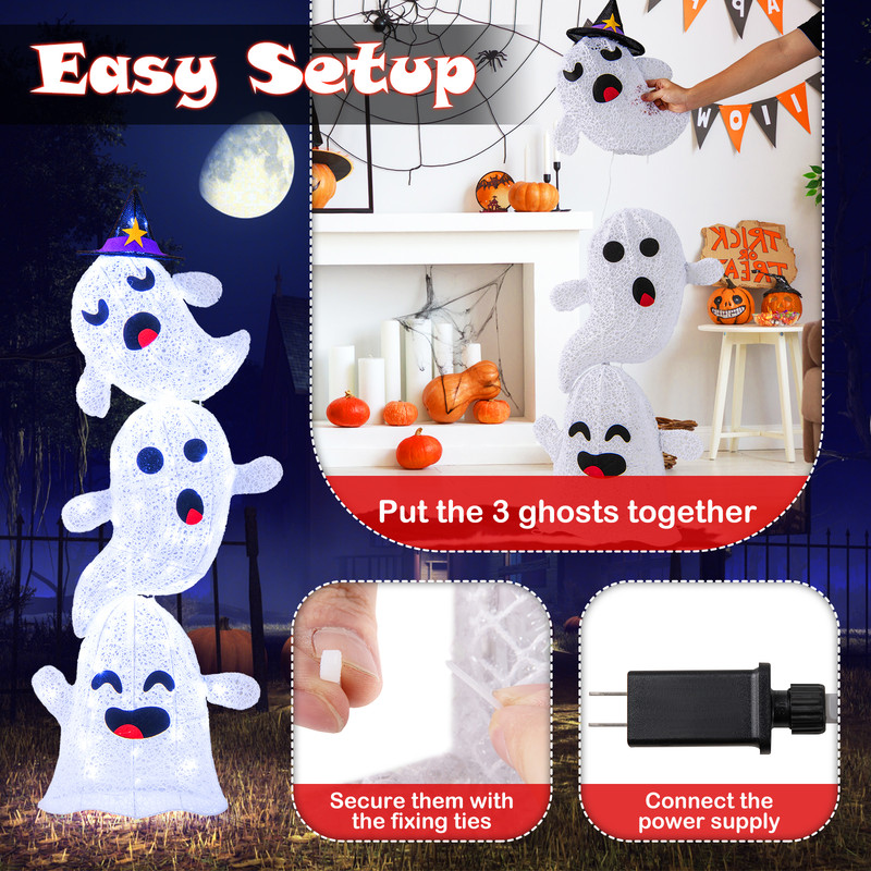 4 FT Lighted Standing Halloween Decoration, Stacked Ghosts with 120 LED Lights for Outdoor Yard, Lawn, Porch, or Garden