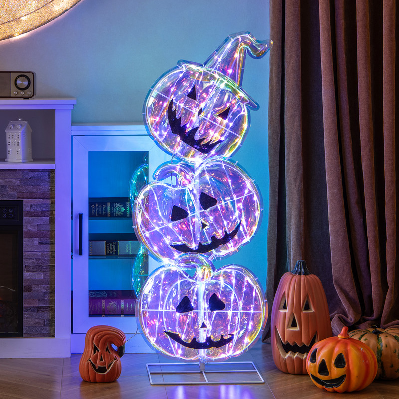 Standing 150 LED Lighted Pumpkin Halloween Decoration with Base, Outdoor Yard Inflatable Pumpkin Stack for Holiday Lawn