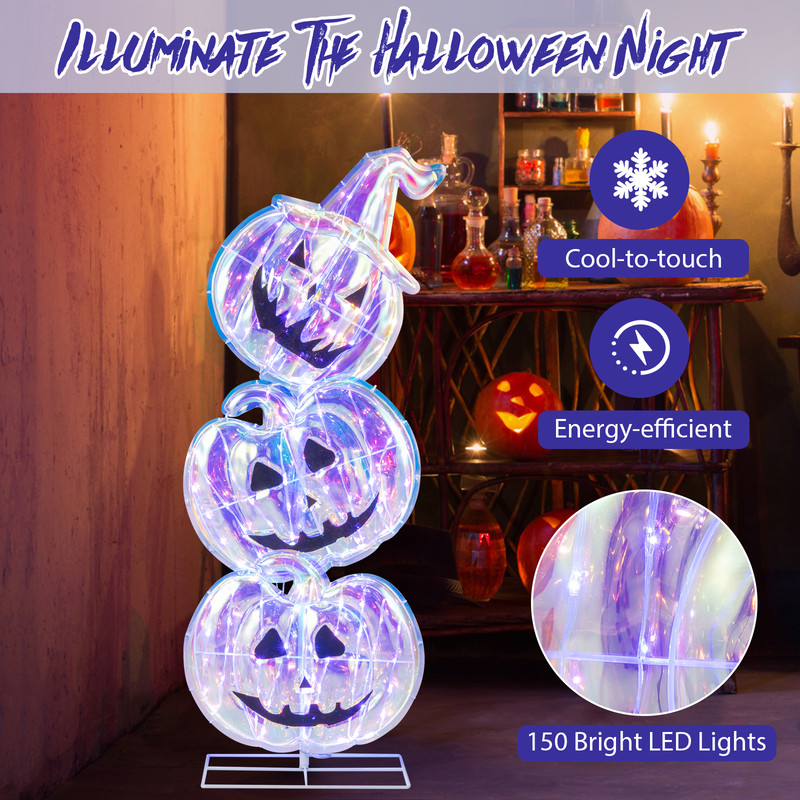 Standing 150 LED Lighted Pumpkin Halloween Decoration with Base, Outdoor Yard Inflatable Pumpkin Stack for Holiday Lawn