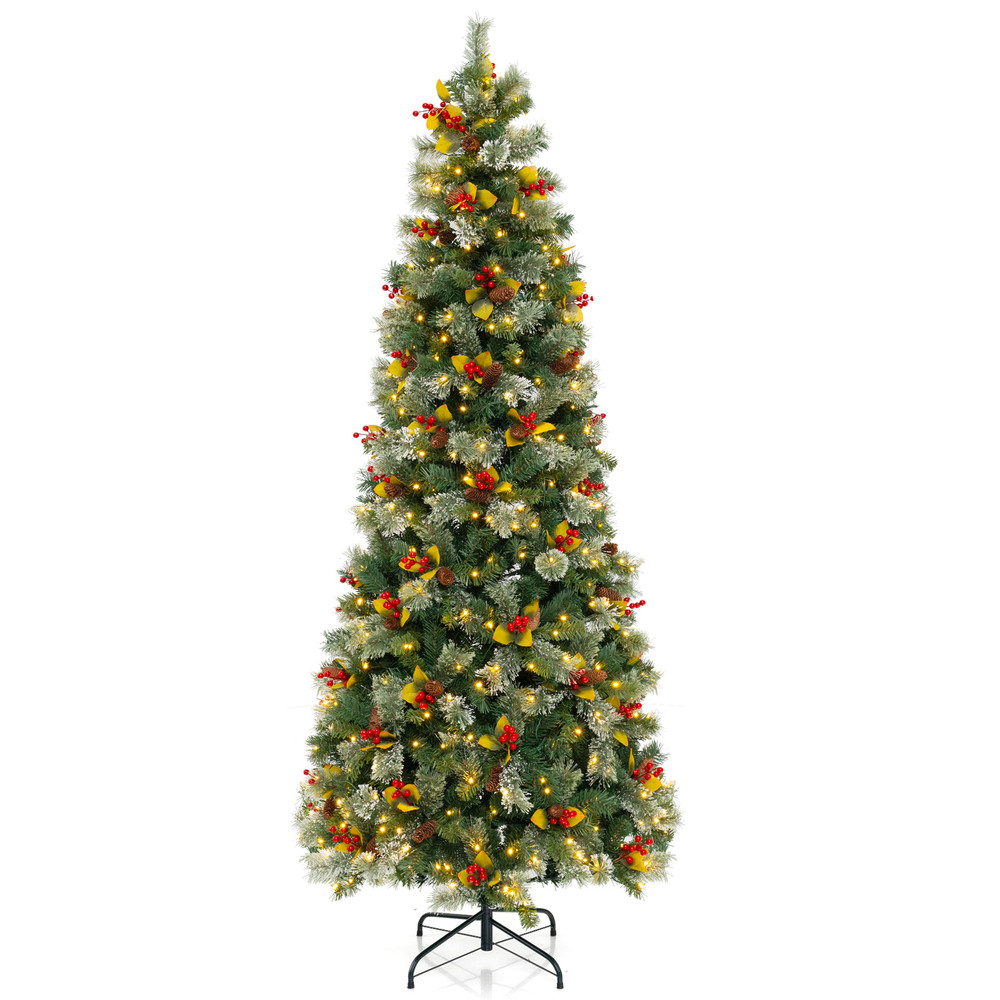 7.5FT Pre-Lit Artificial Christmas Tree with Pine Needles & Berries Green Holiday Tree Decoration