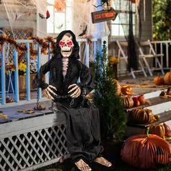 5ft creepy halloween decoration animated sitting reaper with voice & motion