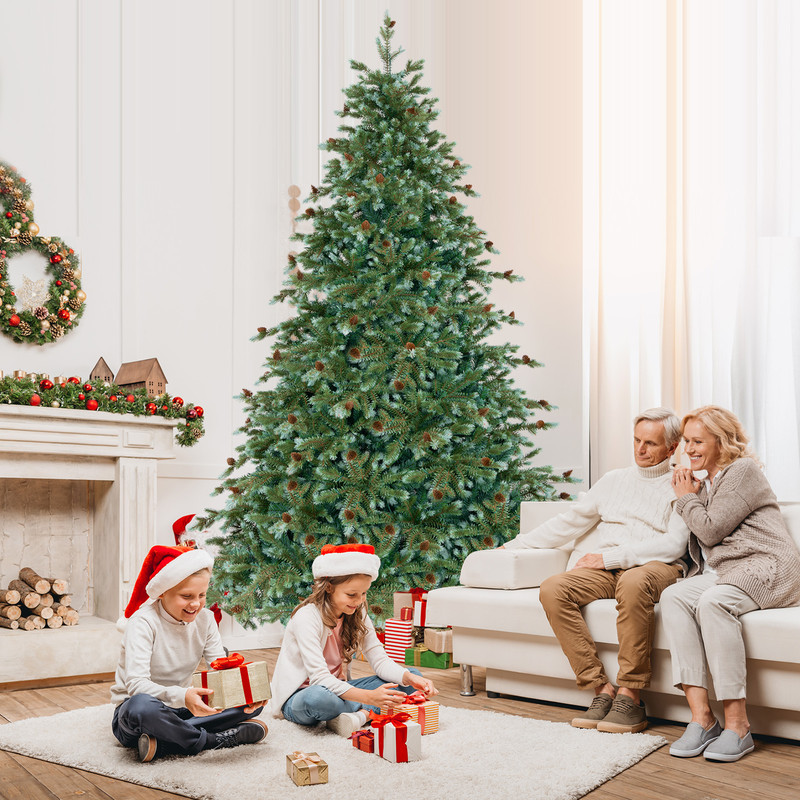 8 ft LED Christmas Tree with Warm White Lights & Pine Cone Decor