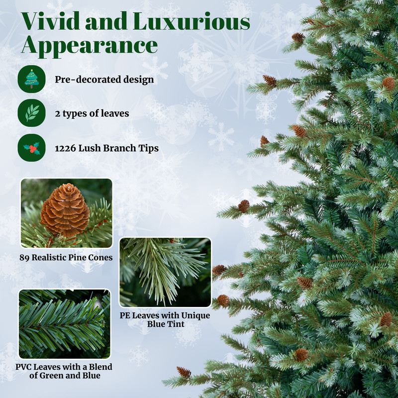 8 ft LED Christmas Tree with Warm White Lights & Pine Cone Decor