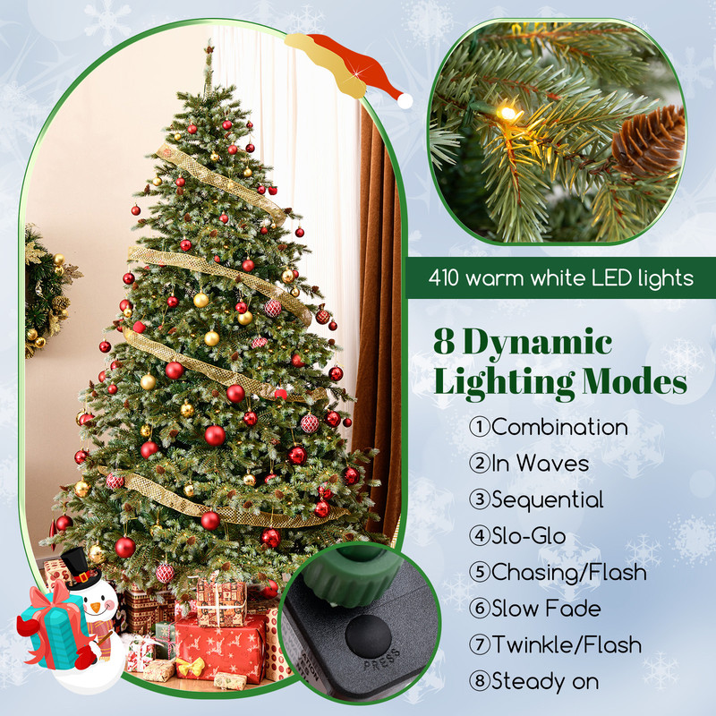 8 ft LED Christmas Tree with Warm White Lights & Pine Cone Decor