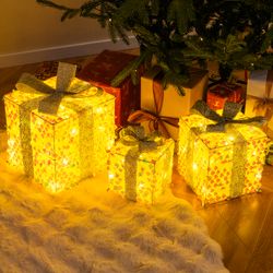 set of 3 christmas lighted gift boxes pre-lit decor with 90 warm led lights for festive holiday display