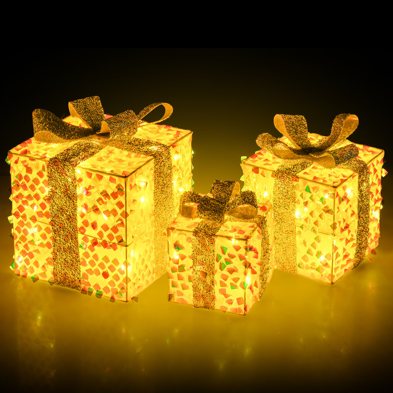 Set of 3 Christmas Lighted Gift Boxes Pre-Lit Decor with 90 Warm LED Lights for Festive Holiday Display