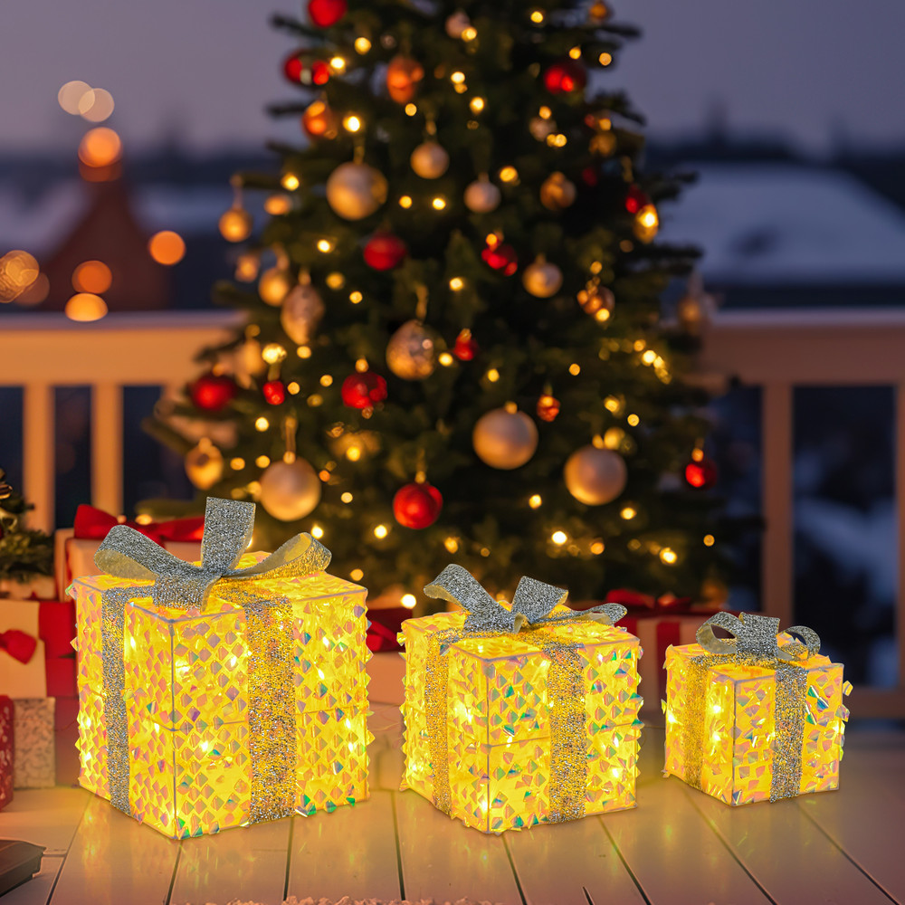 Set of 3 Christmas Lighted Gift Boxes Pre-Lit Decor with 90 Warm LED Lights for Festive Holiday Display