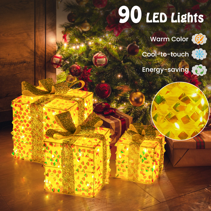 Set of 3 Christmas Lighted Gift Boxes Pre-Lit Decor with 90 Warm LED Lights for Festive Holiday Display