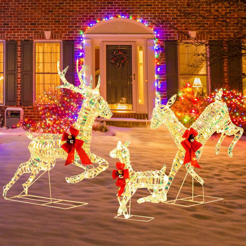 Christmas Reindeer Decor with LED Lights Elegant Bow-Adorned Deer Family for Holiday Displays