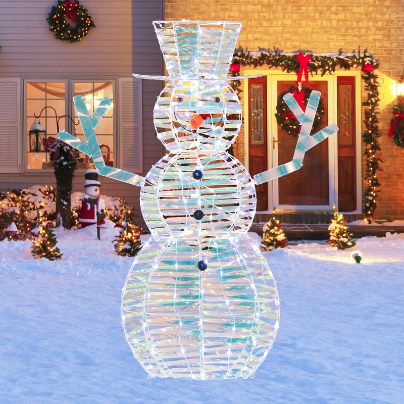 LED Snowman Christmas Decor 4ft Iridescent Outdoor Snowman with White Lights & Ground Stakes
