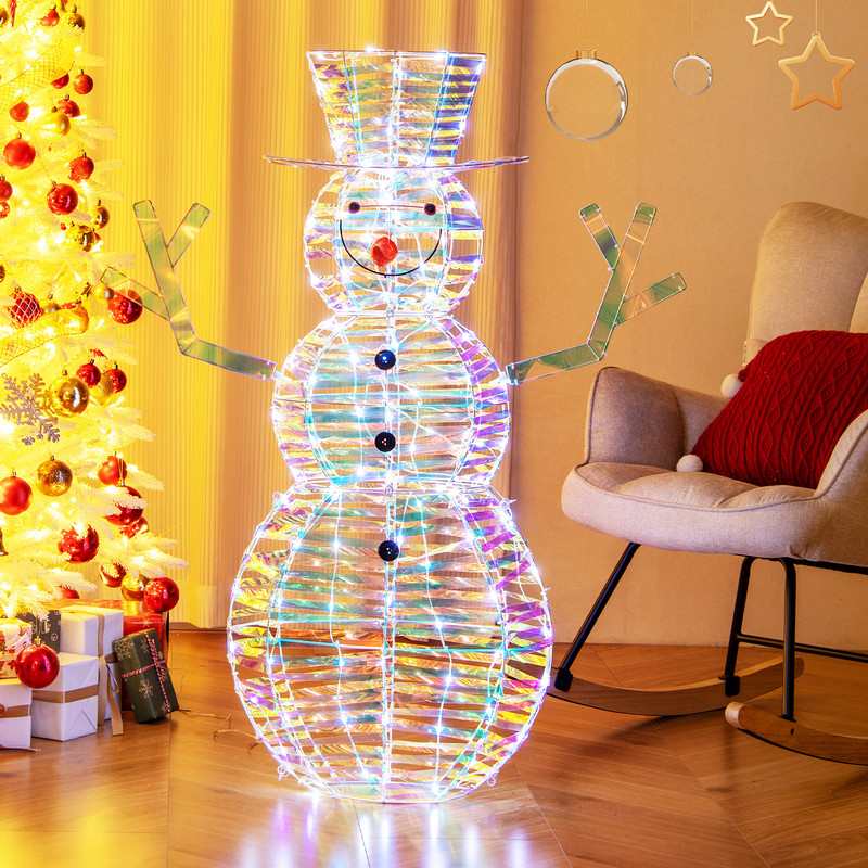 LED Snowman Christmas Decor 4ft Iridescent Outdoor Snowman with White Lights & Ground Stakes