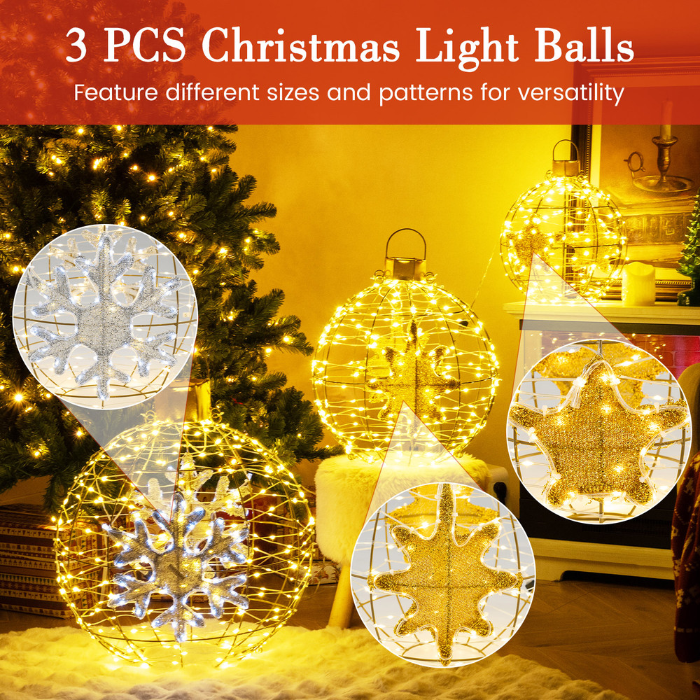 3-Piece Pre-Lit Lantern Balls with 732 Bright LED Lights & Ground Stakes, Waterproof Outdoor Decor