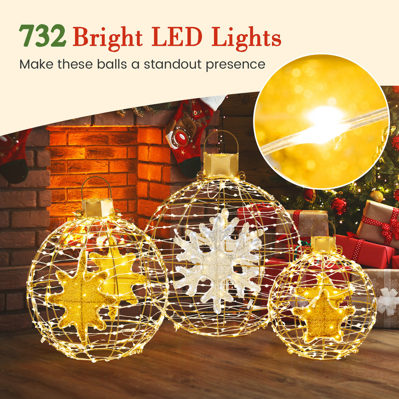 3-Piece Pre-Lit Lantern Balls with 732 Bright LED Lights & Ground Stakes, Waterproof Outdoor Decor