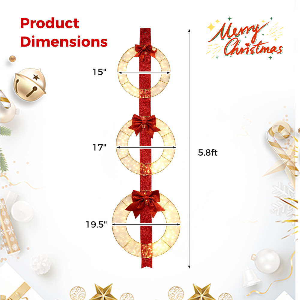 Set Of 3 Christmas Lighted Wreaths With Warm White LED Lights Bows 5