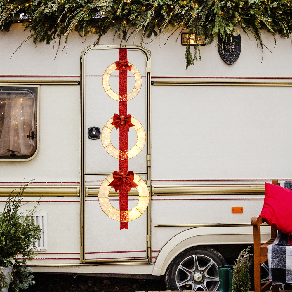 Set Of 3 Christmas Lighted Wreaths With Warm White LED Lights Bows 2
