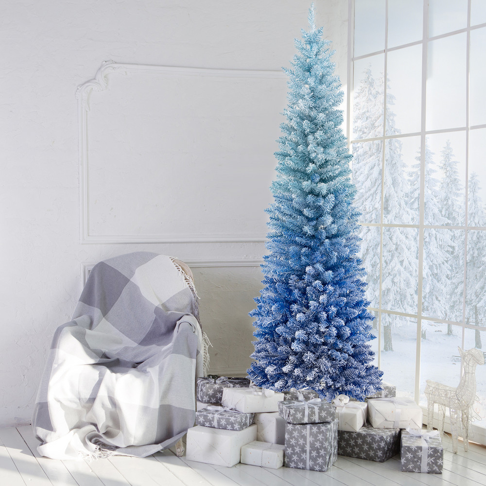 6ft Blue Gradient Snow Flocked Artificial Christmas Tree 435 Tips, Realistic & Elegant