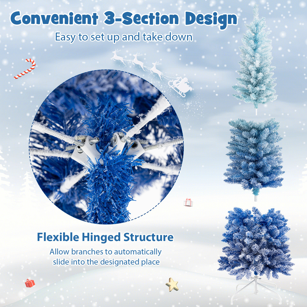 6ft Blue Gradient Snow Flocked Artificial Christmas Tree 435 Tips, Realistic & Elegant