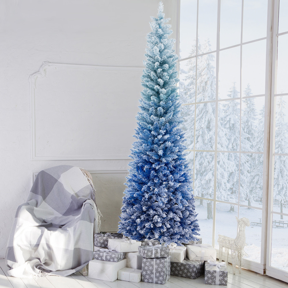 7 Feet Blue Gradient Snow Flocked Artificial Christmas Tree Premium PVC Holiday Decor