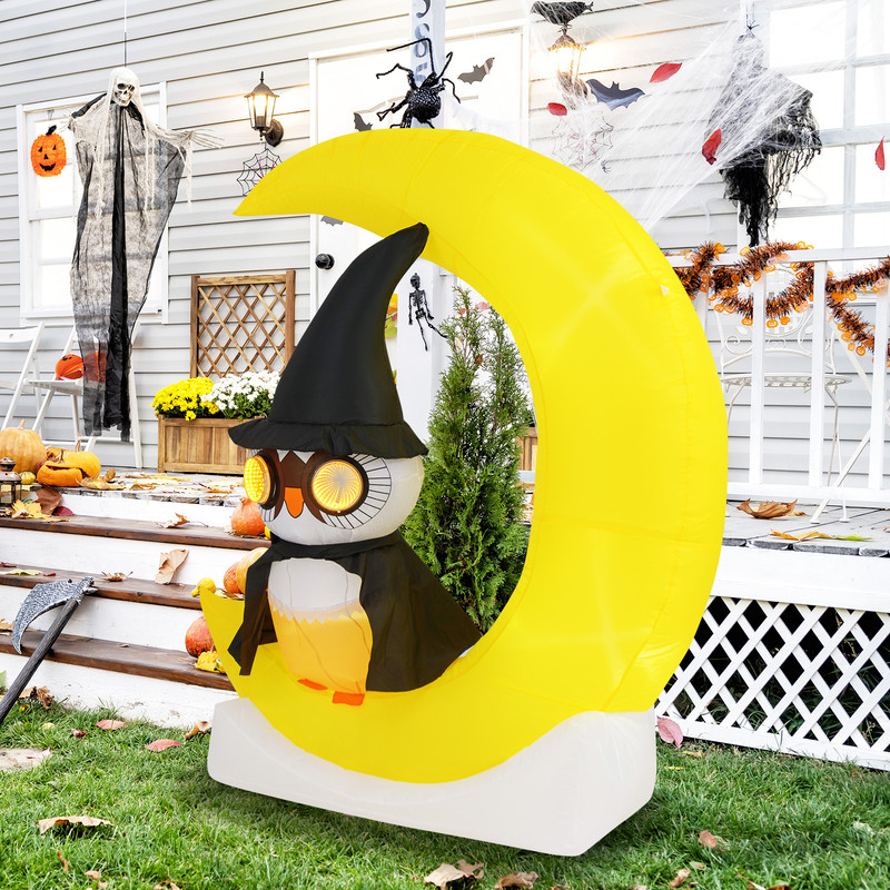 Inflatable Owl on Moon LED Lighted Halloween Decoration with Large Moon and Wizard Owl