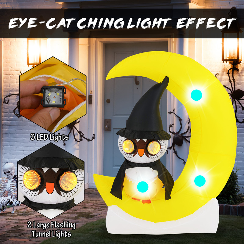 Inflatable Owl on Moon LED Lighted Halloween Decoration with Large Moon and Wizard Owl