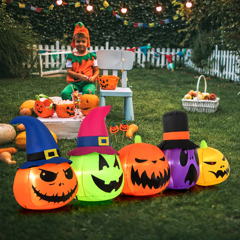 9FT Inflatable Pumpkin Patch Family with LED Lights & Witch Hat, Halloween Yard Decoration