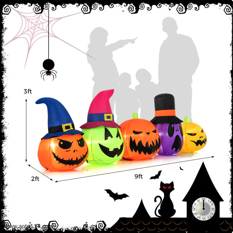 9FT Inflatable Pumpkin Patch Family with LED Lights & Witch Hat, Halloween Yard Decoration