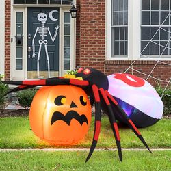 giant halloween inflatable spider & pumpkin combo, flashing eyes, rotating light & waterproof design