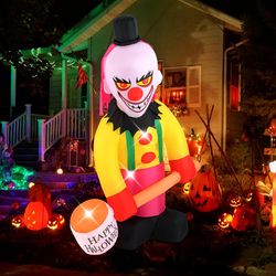 life size head turning clown inflatable with hammer, led flashing eyes & automatic movement for halloween displays