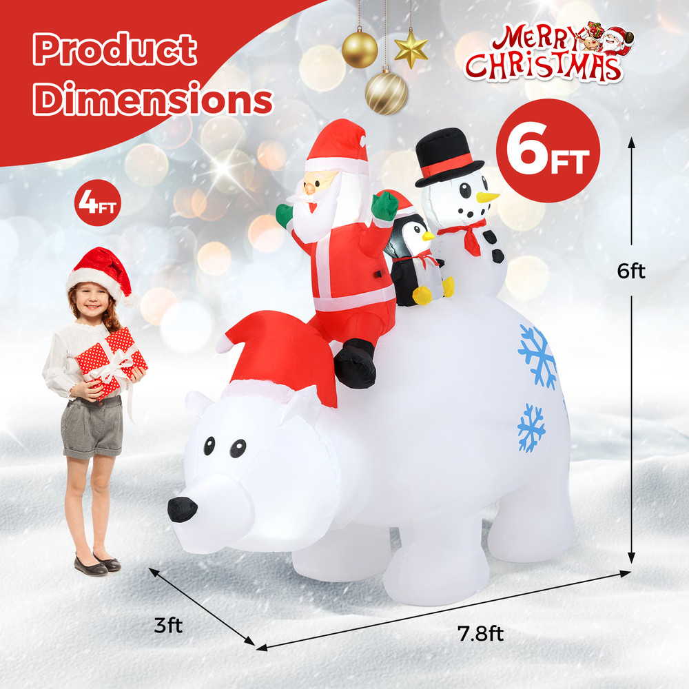 6FT Animated Christmas Inflatable with Santa, Penguin & Snowman, LED Light Up Polar Bear Yard Decoration