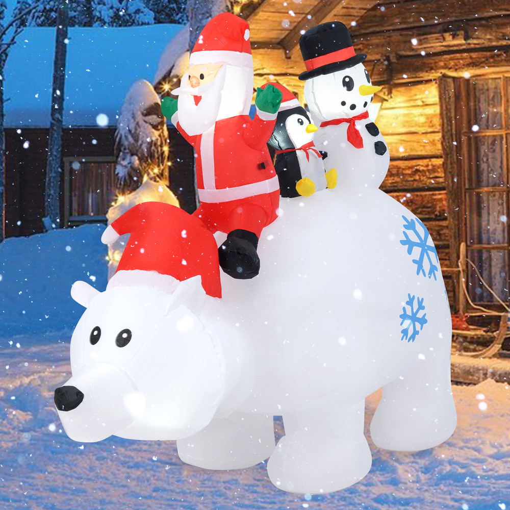 6FT Animated Christmas Inflatable with Santa, Penguin & Snowman, LED Light Up Polar Bear Yard Decoration