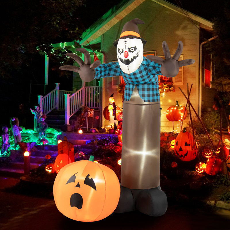 Giant 7FT Light Up Scarecrow Inflatable, Animated Pumpkin Ghost with Spooky LED Eyes for Outdoor Halloween Decor